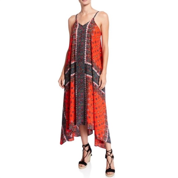 NANETTE LEPORE ~Calypso Red Multi-Print Trapeze Handkerchief Maxi Dress ~Size 8 - Picture 6 of 8